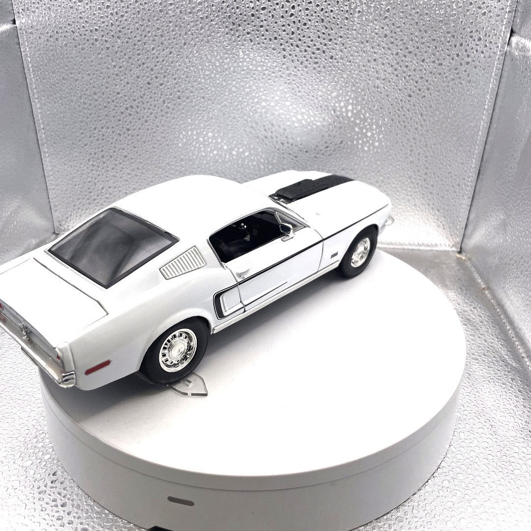 Maisto 1968 Ford Mustang GT White Die Cast, Scale: 1/18, No. 11330 back end/passenger side view