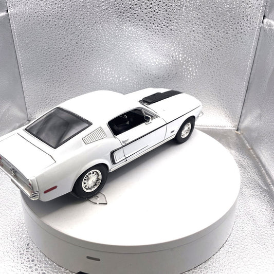 Maisto 1968 Ford Mustang GT White Die Cast, Scale: 1/18, No. 11330 back end/passenger side view