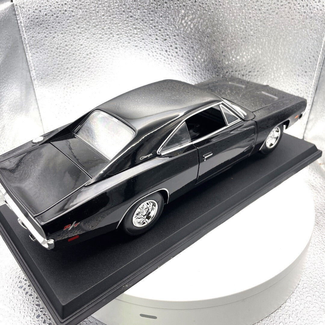 Maisto 1969 Dodge Charger R/T Black Die Cast with Base, Scale: 1/18 rear/passenger side view
