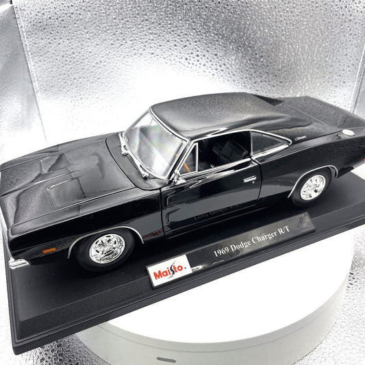 Maisto 1969 Dodge Charger R/T Black Die Cast with Base, Scale: 1/18 driver's side view