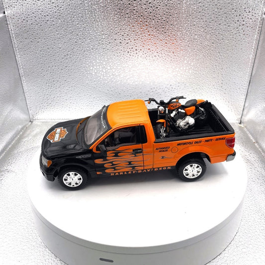 Maisto 2010 Ford F-150 STX Harley Davidson Die Cast with Motorcycle, Scale: 1/27, No. 01618 drivers side view with motorcycle in bed