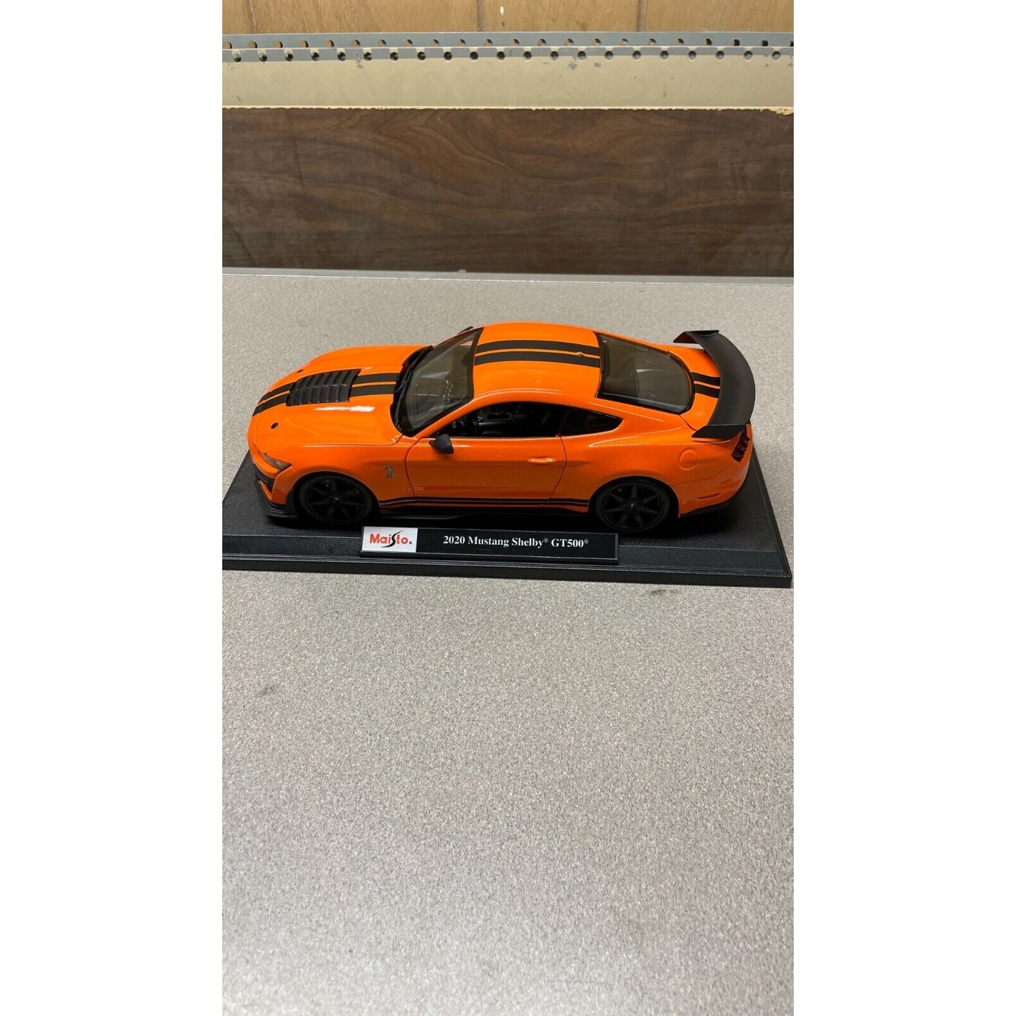 Maisto 2020 Mustang Shelby GT500 Orange Die Cast, Scale 1/18 with Base driver's side view