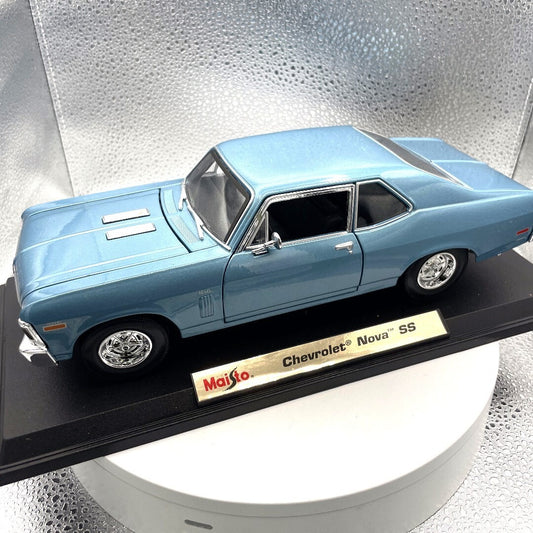 Maisto Chevrolet Nova SS Blue Dies Cast with Base, Scale: 1/18 driver's side view