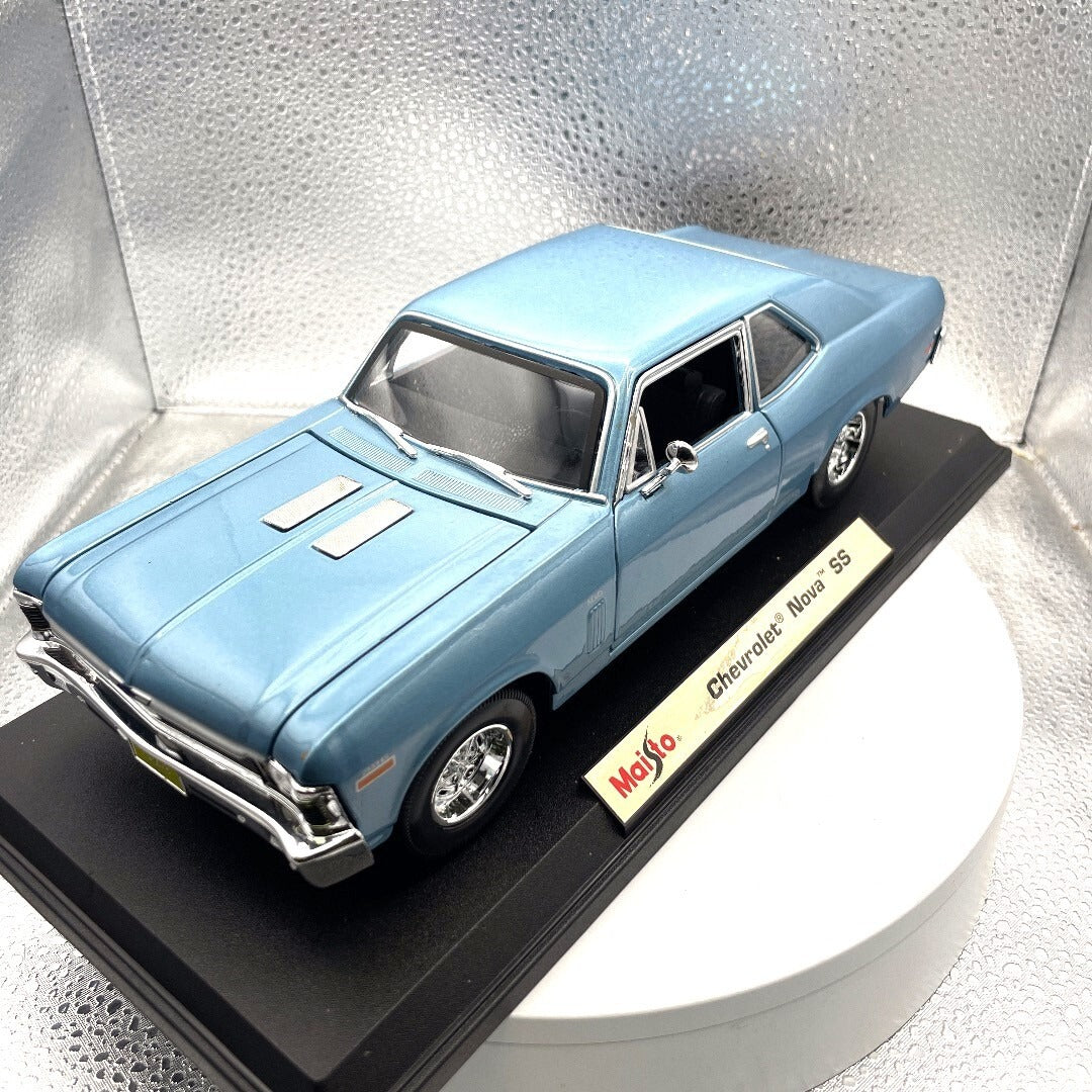 Maisto Chevrolet Nova SS Blue Dies Cast with Base, Scale: 1/18 front end/driver's side view