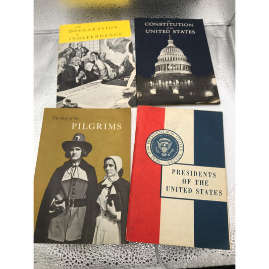 Massachusetts and US History Booklets Set of 4 from 1956 Department MA front covers, Declaration of Independence, Constitution of US, The Story of the Pilgrims, Presidents of the US