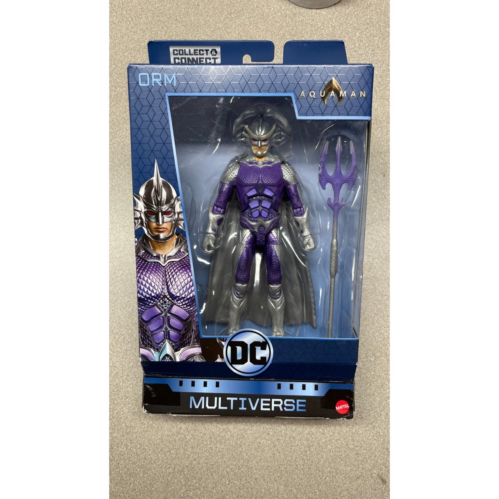 Mattel ORM Aquaman Figure, missing build piece front of package displaying action figure