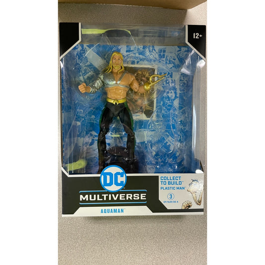 McFarlane Toys DC Multiverse Aquaman Figure, missing a build piece front of package displaying action figure