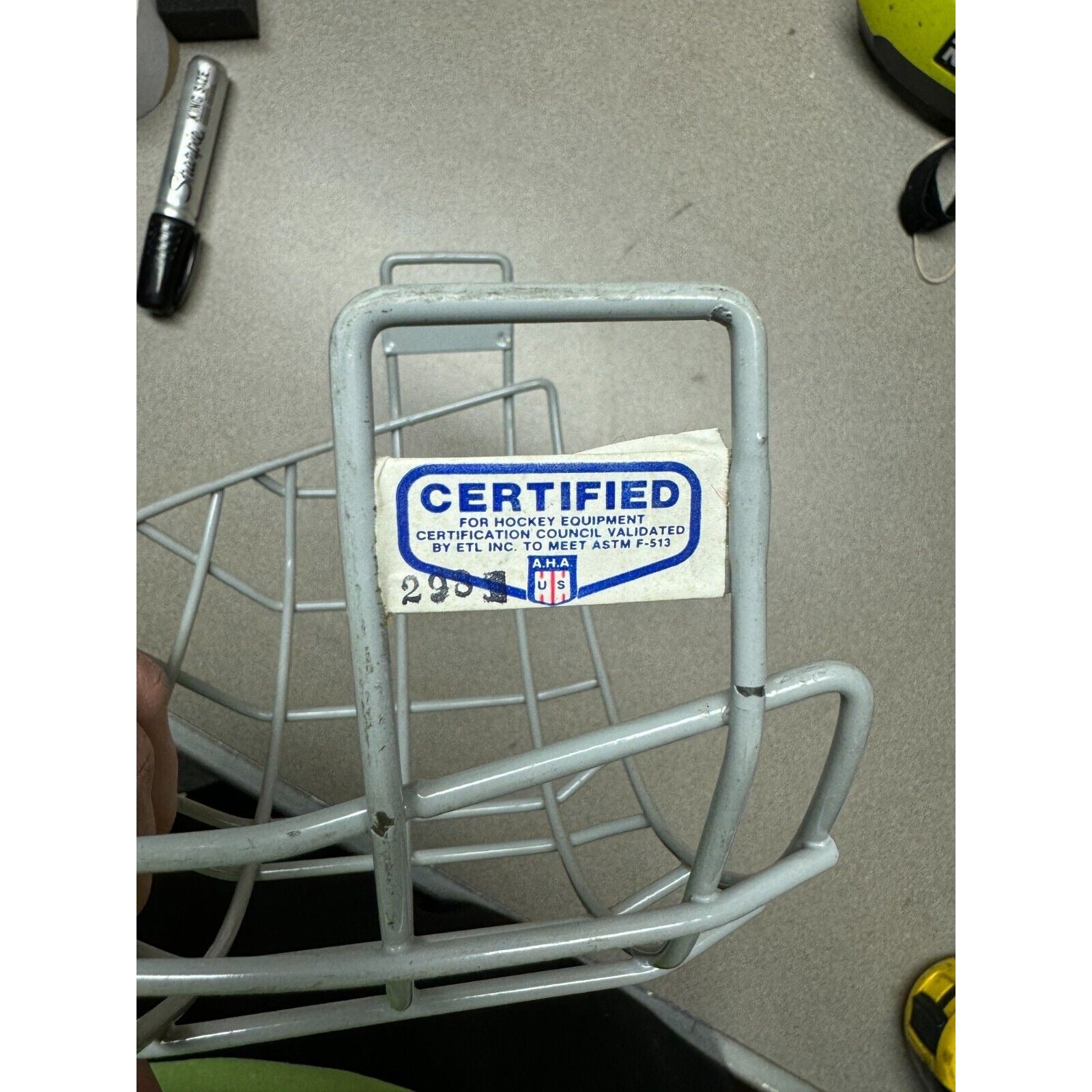 Hockey Cage Mask Light Grey A.H.A Certified Certification label