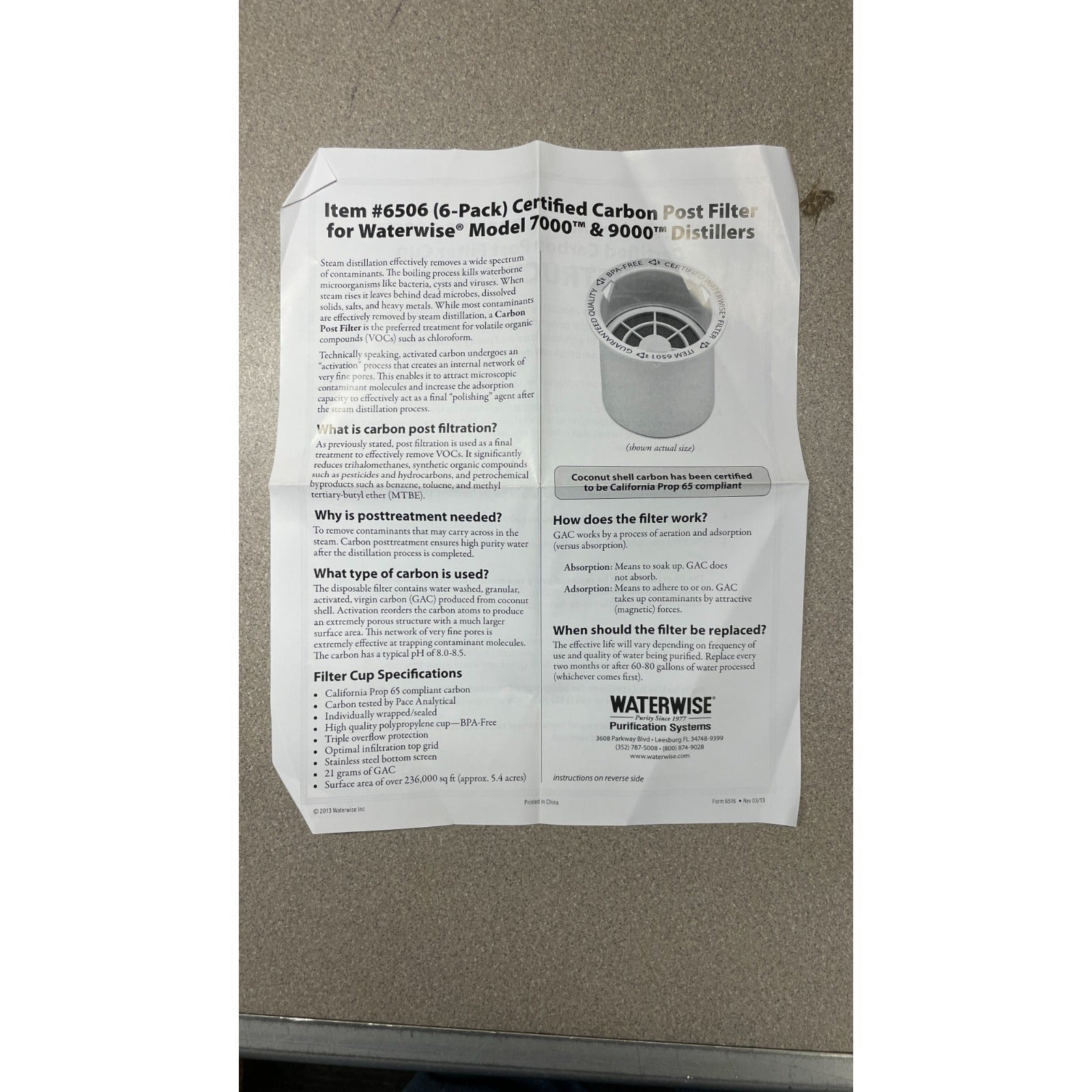 Waterwise 7000 &amp; 9000 Carbon Post Filters - Box of 6 - Item #6506 documentation