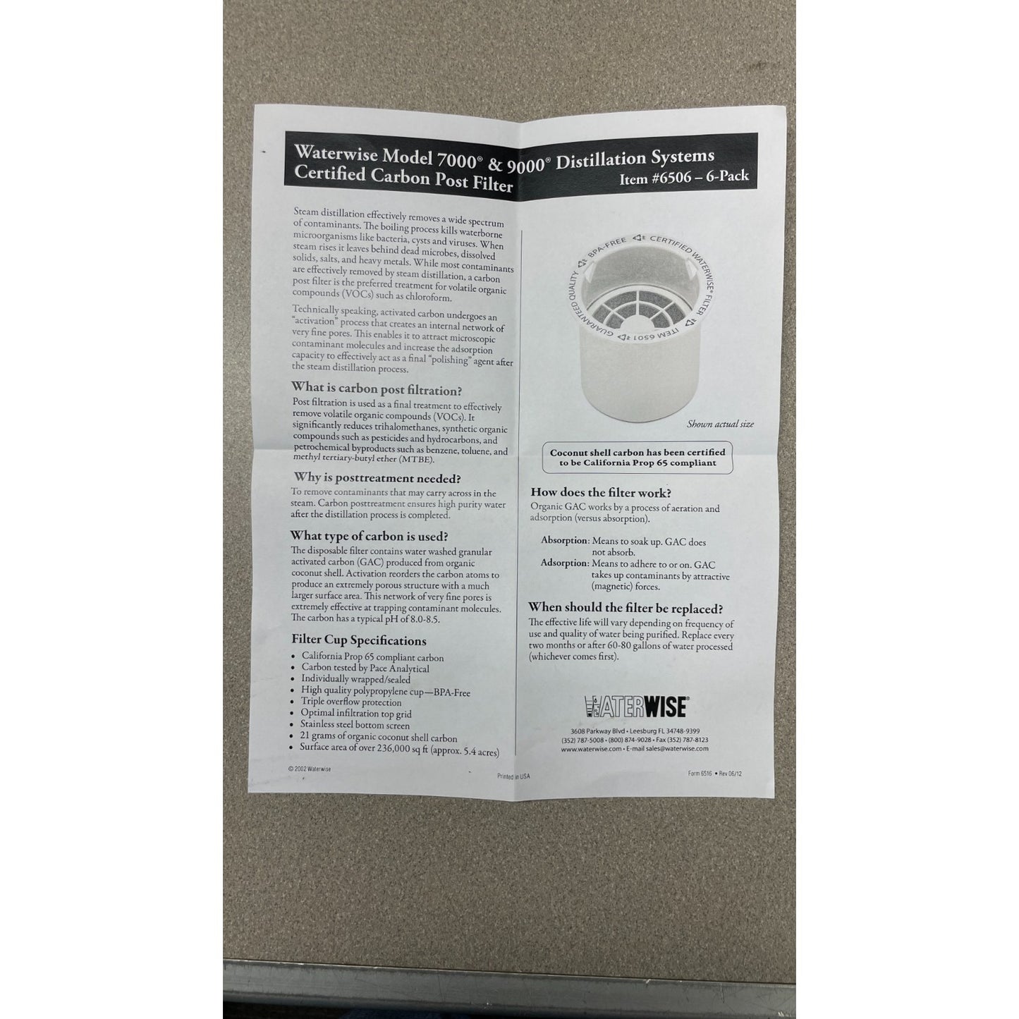 Waterwise 7000 &amp; 9000 Carbon Post Filters - Box of 6 - Item #6506 documentation