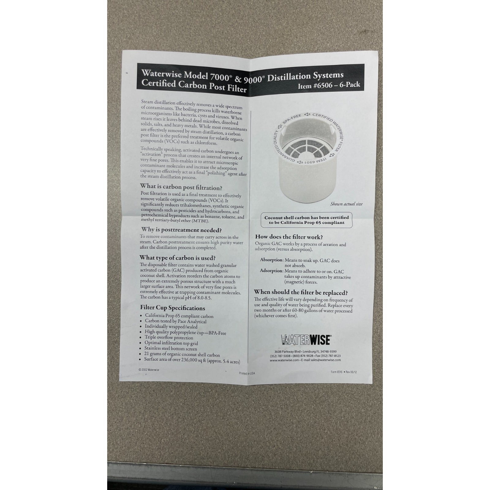 Waterwise 7000 &amp; 9000 Carbon Post Filters - Box of 6 - Item #6506 documentation