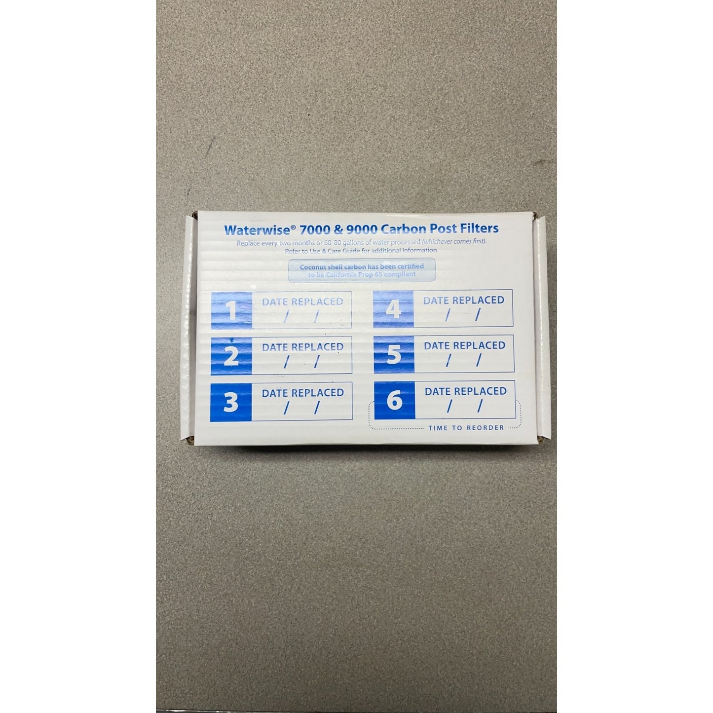 Waterwise 7000 &amp; 9000 Carbon Post Filters - Box of 6 - Item #6506 side of box with date replaced recording 