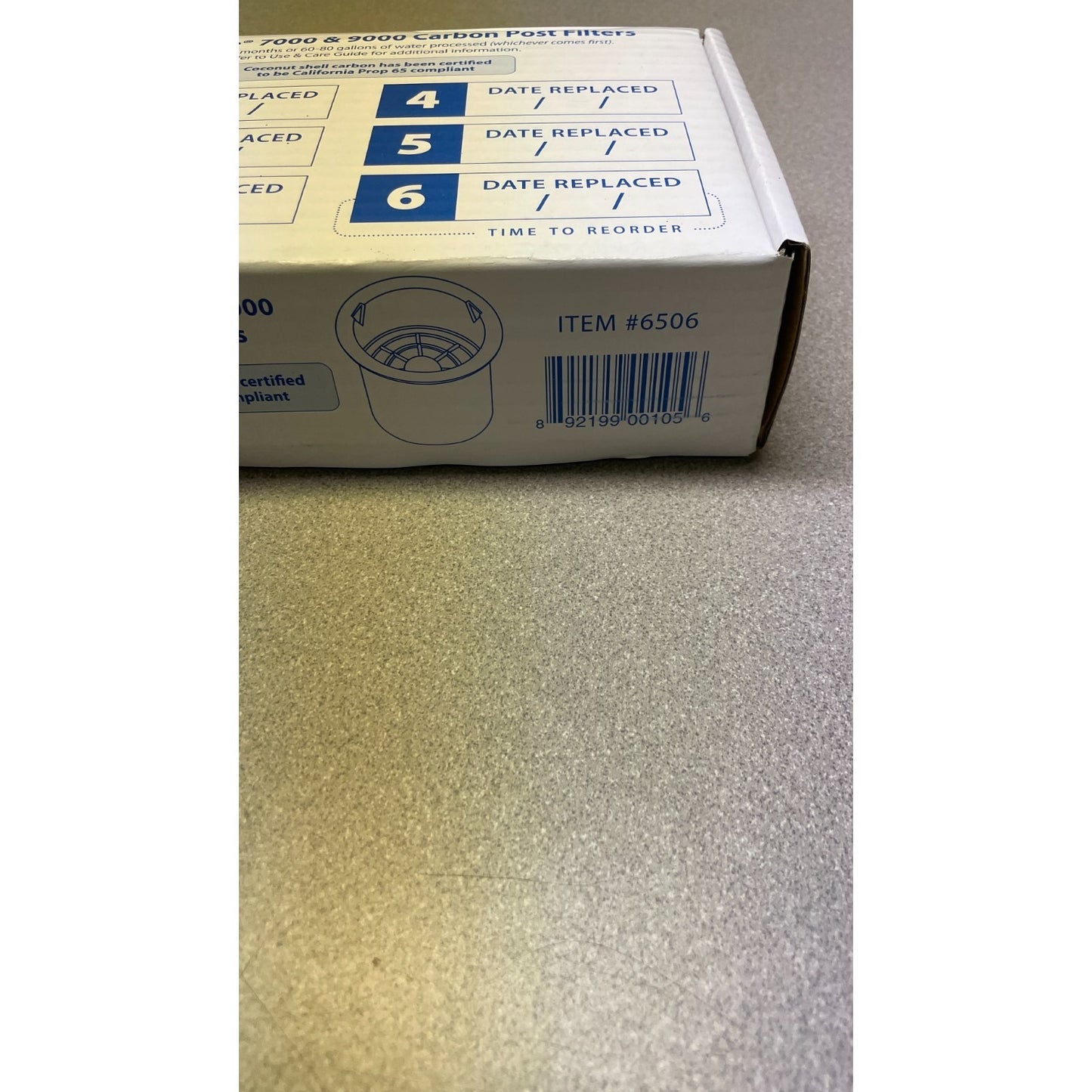 Waterwise 7000 &amp; 9000 Carbon Post Filters - Box of 6 - Item #6506 side of box closeup with product image and barcode