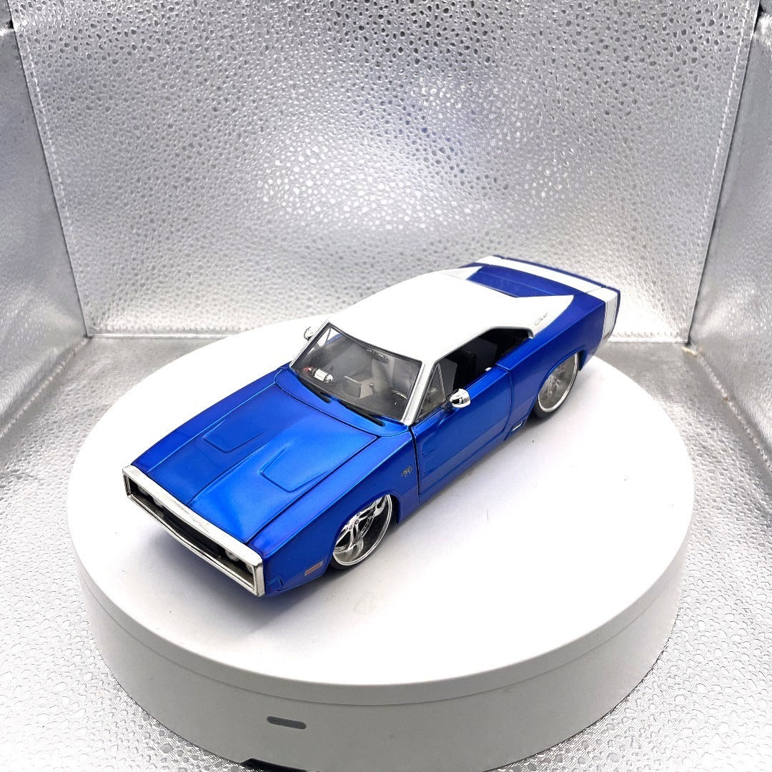 Jada Toys 1970 Dodge Charger Dub City Blue Die Cast, Scale: 1/24, No. 90021 front end/drivers side view