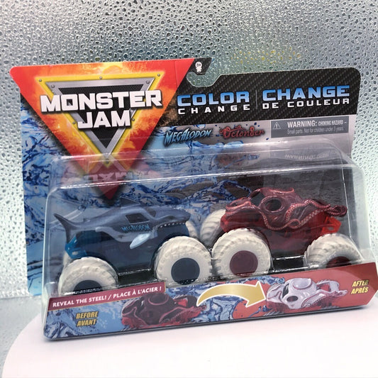 Monster Jam Color Change 2 Pack Megalodon and Octonder front of package