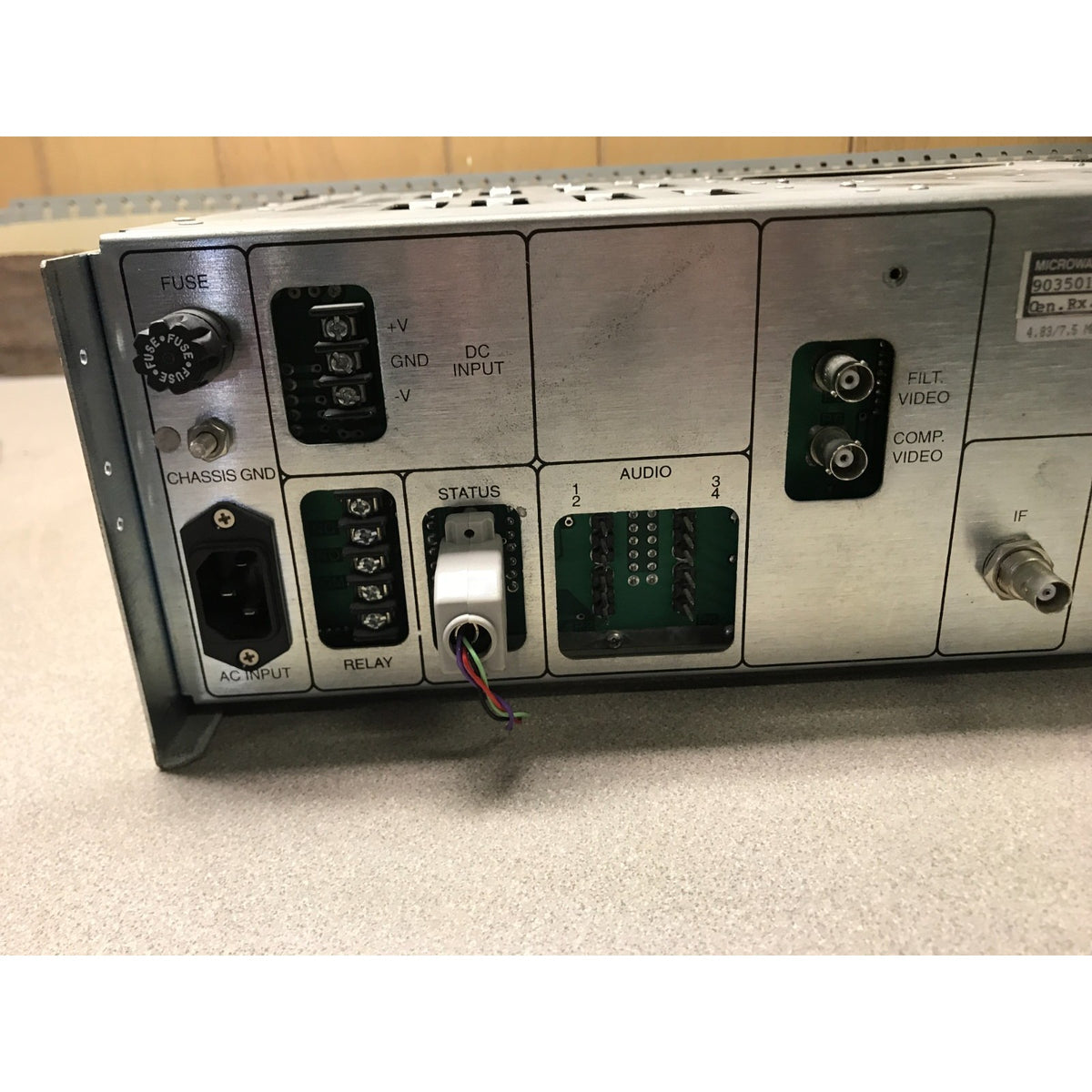 Microwave Radio Communications Central Receiver Microwave 903501-1 Rev.HDC closeup of left side of back panel