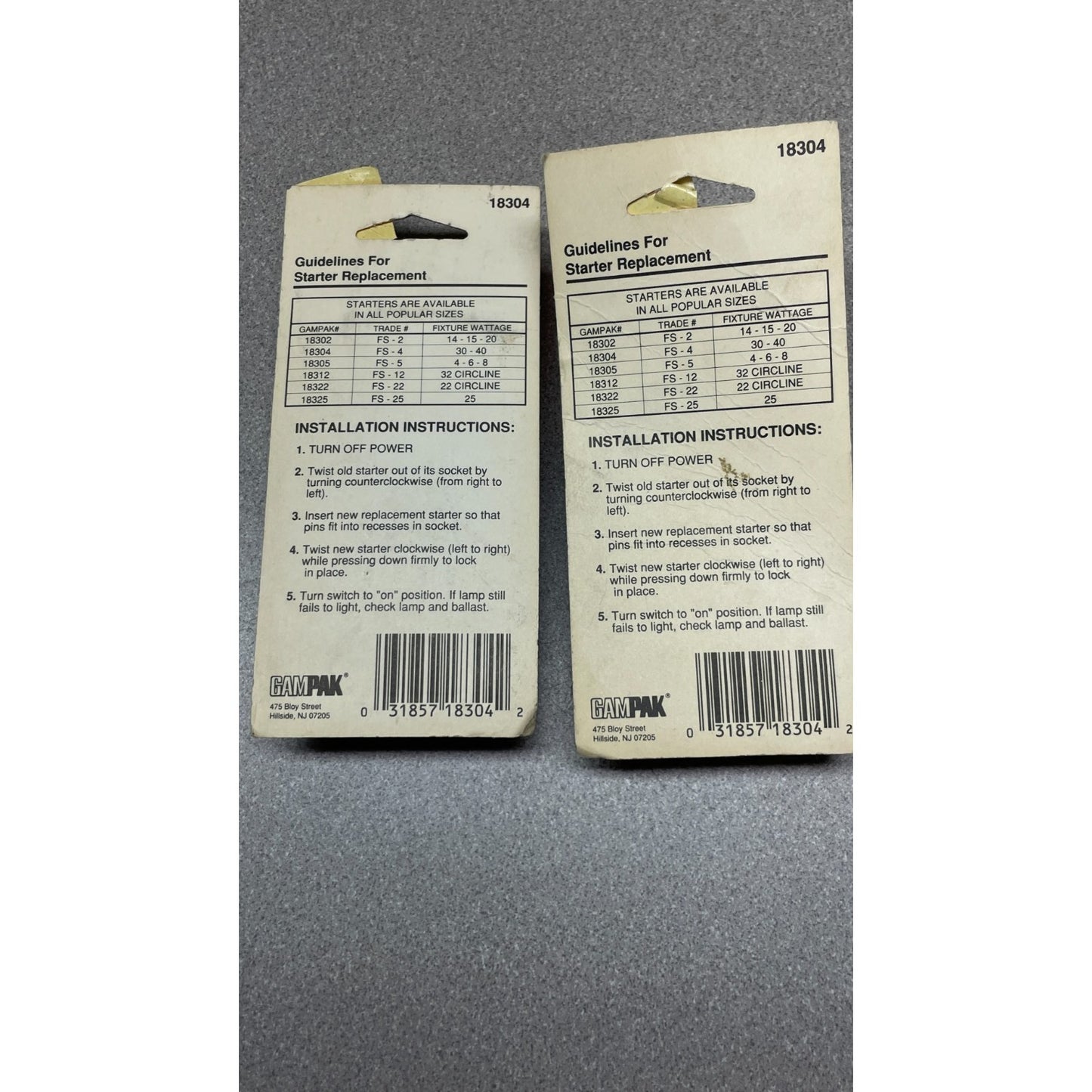 GAMPAK Fluorescent Fixture Starters 30-40 Watt, Lot of 3, unused, Part No. 18304 back of package installation instructions