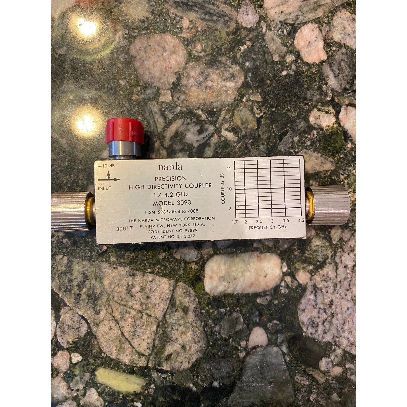 Narda Model 3093 Precision High Directivity Coupler 1.7 To 4.2 GHz
 front view with model information and conncections