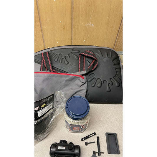 DPMS Panther Arms U050810381 M4 Style Airsoft Gun Lot UNTESTED, Accessories and Bag Included. Swiss Arms Sight, DYE i4 Goggle Lens, Crosman .20 Grams Airsoft closeup of carrying case, accessories