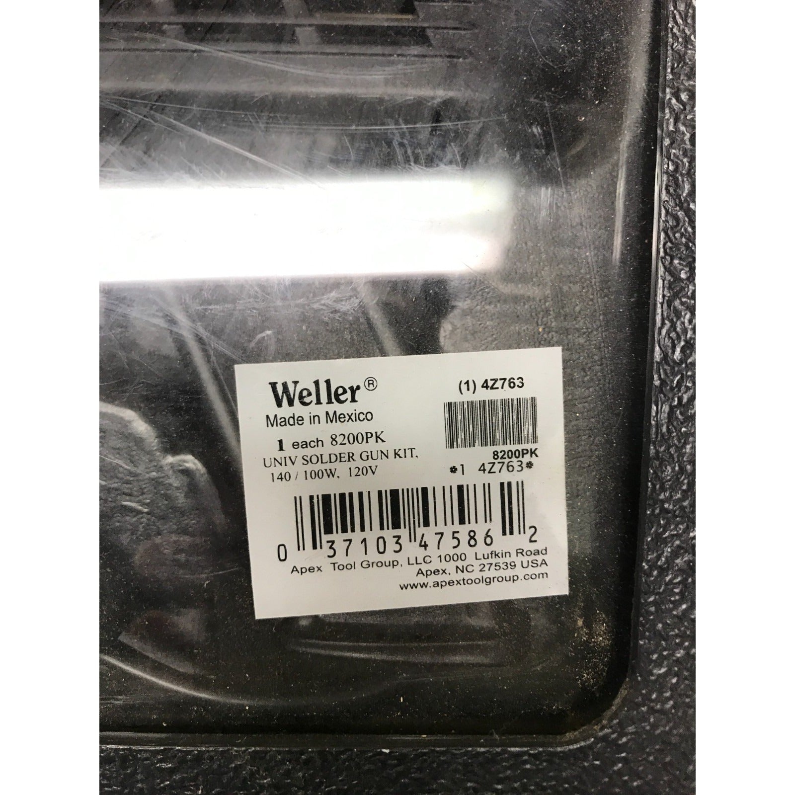 Weller Universal 140/100 Watts Soldering Gun w/hard case Model 8200 closeup of product label with UPC