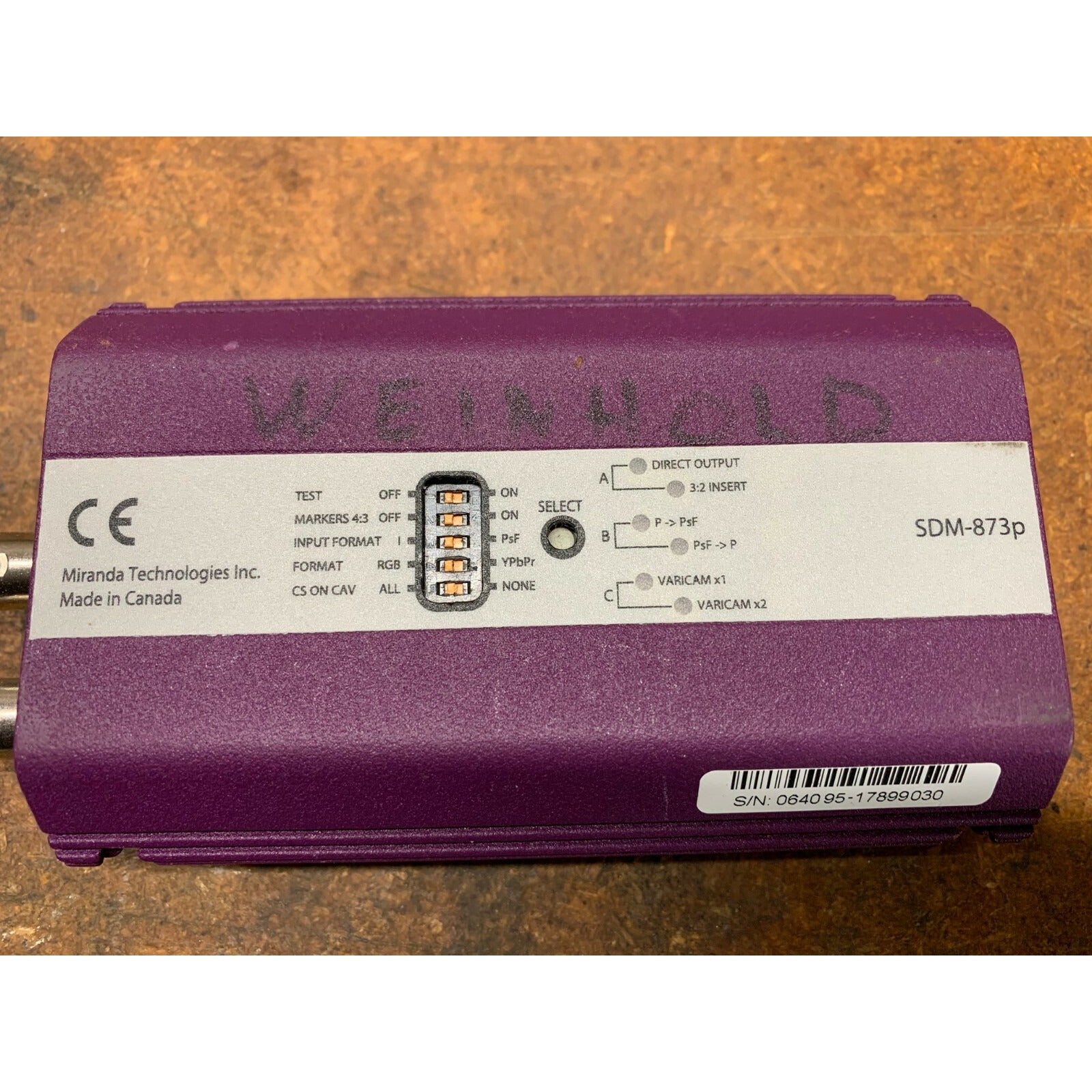 Miranda SDM-873p SDI/HSDI to DVI, Grass Valley back view with switch settings