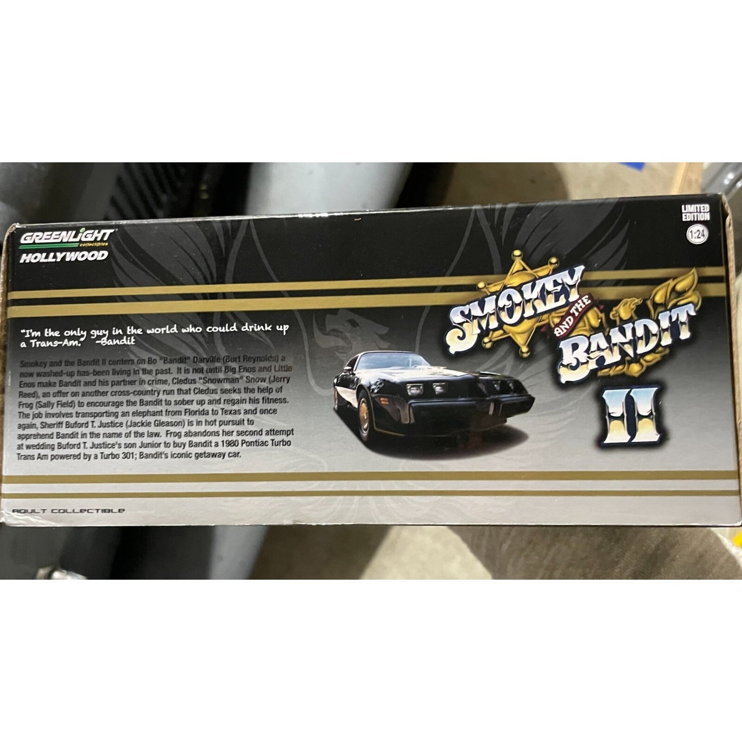Greenlight Hollywood 1980 Pontiac Trans Am, Smokey and the Bandit II, Die-Cast Model Car 1-24 back of package item details