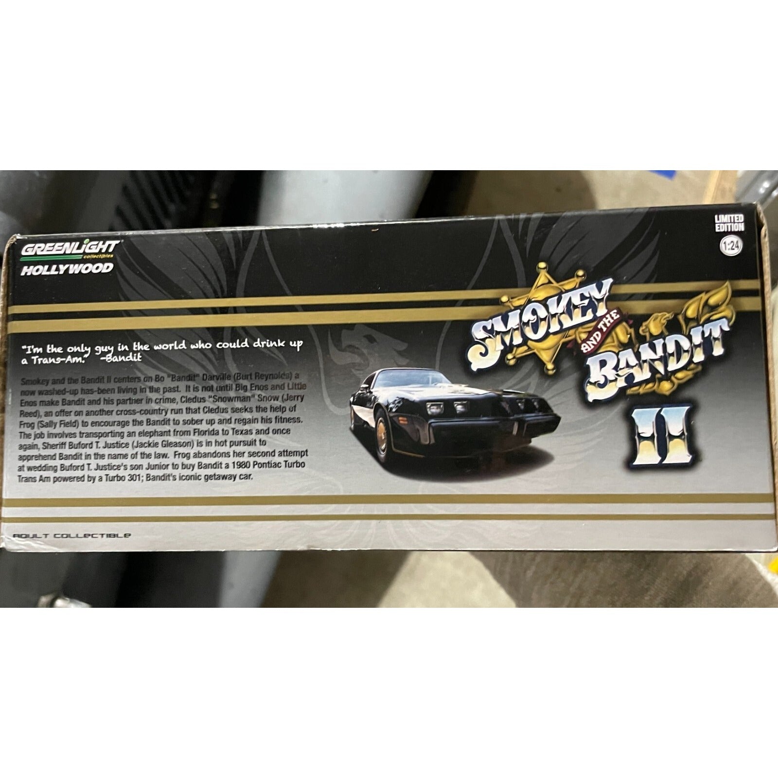 Greenlight Hollywood 1980 Pontiac Trans Am, Smokey and the Bandit II, Die-Cast Model Car 1-24 back of package item details
