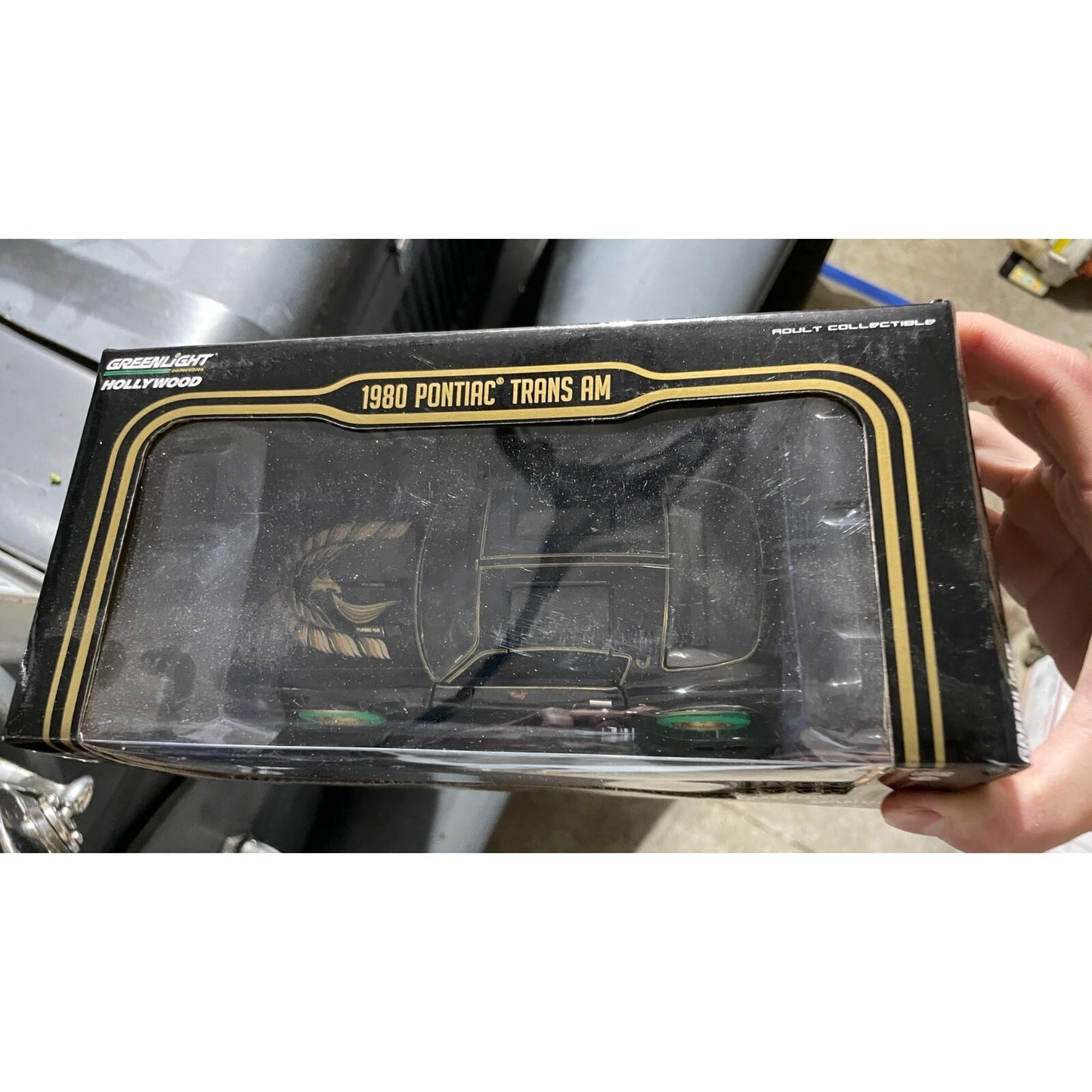 Greenlight Hollywood 1980 Pontiac Trans Am, Smokey and the Bandit II, Die-Cast Model Car 1-24 top of package view shows top of car
