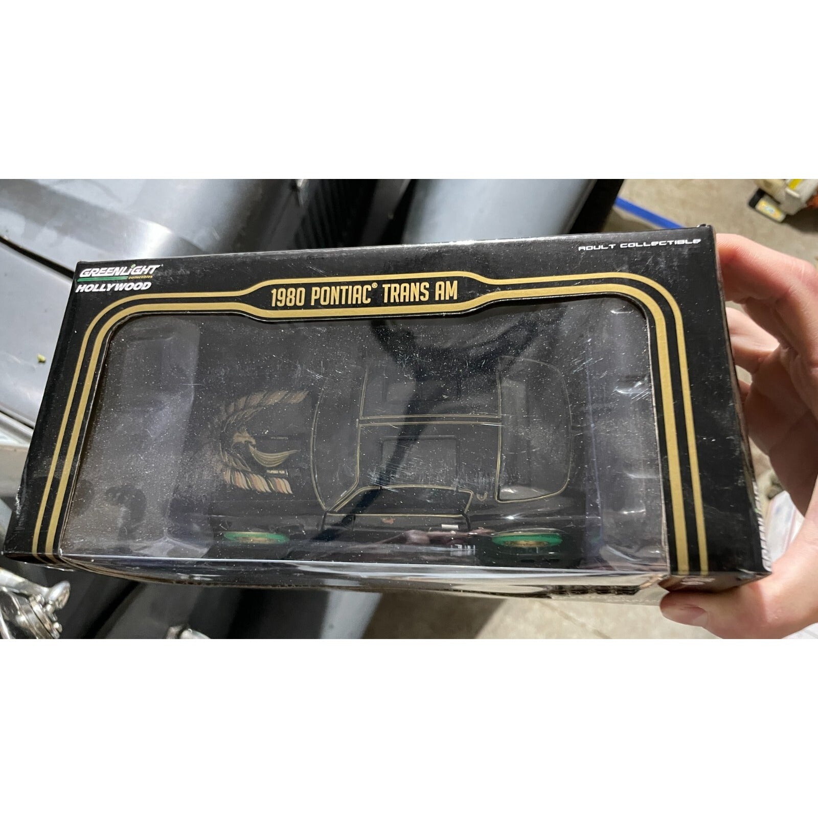 Greenlight Hollywood 1980 Pontiac Trans Am, Smokey and the Bandit II, Die-Cast Model Car 1-24 top of package view shows top of car