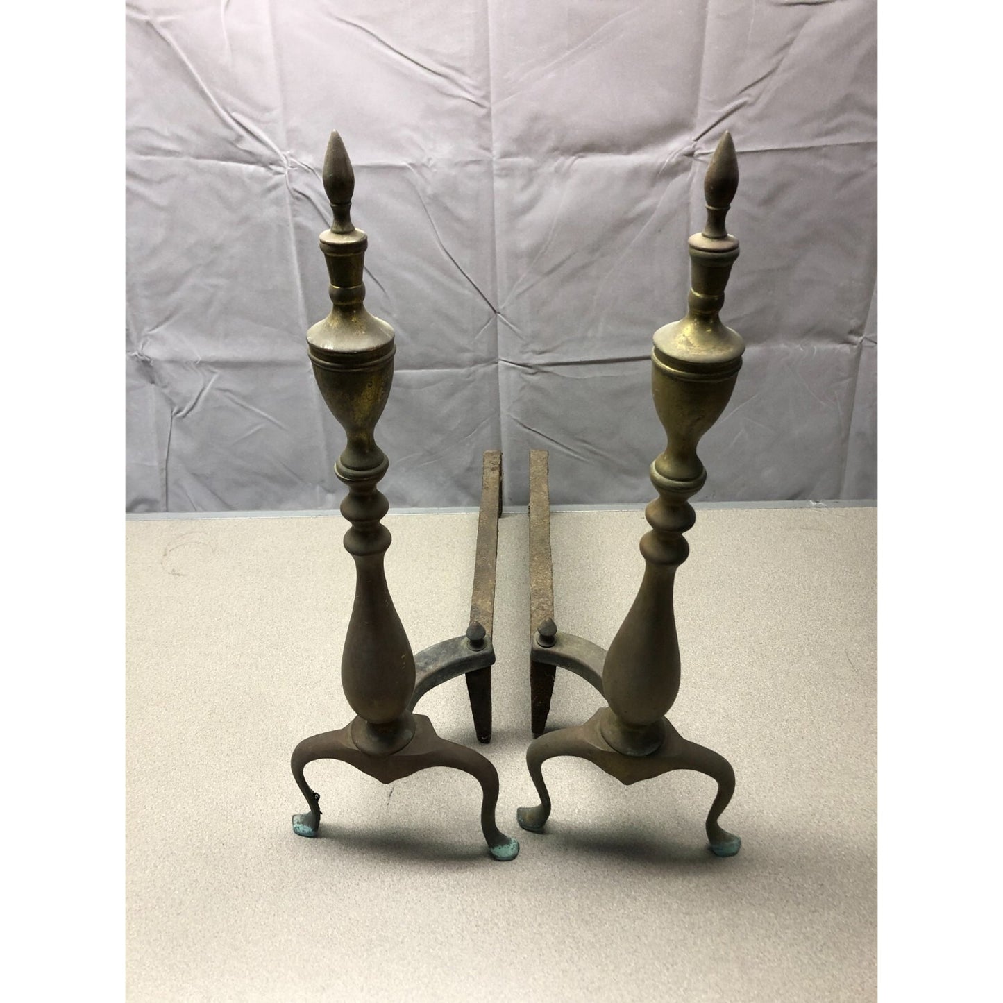 Pair of Andirons / Firedogs Brass and Cast Iron front view