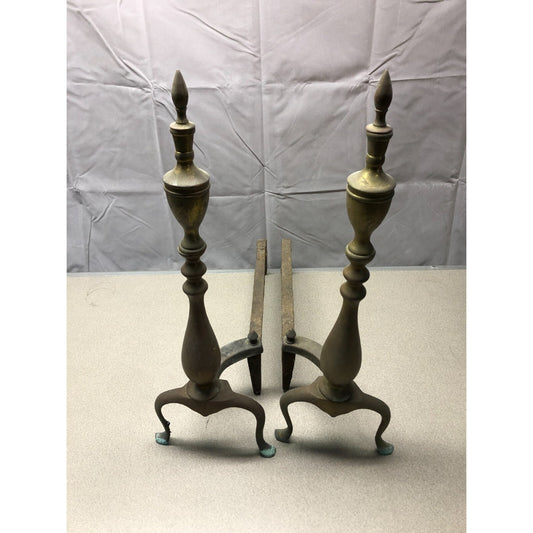 Pair of Andirons / Firedogs Brass and Cast Iron front view