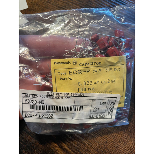 Panasonic Polypropylene Capacitor Type ECQ-P, P3223-ND, 50VDC 2Ohms in packaging with product label