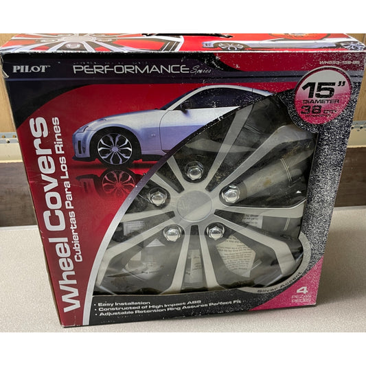 Pilot Performance Series 15 in diameter Wheel Covers lot of 4 WH553-15S-BS front of package displaying wheel covers