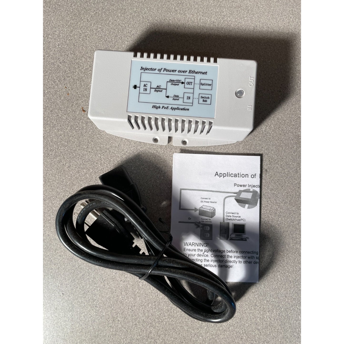 PoE+ Power Over Ethernet Injector TP-POE-HP-48 top of unit with power cord and instructions