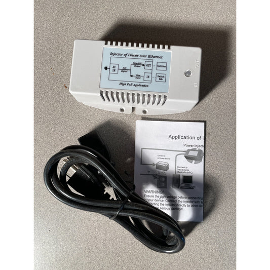 PoE+ Power Over Ethernet Injector TP-POE-HP-48 top of unit with power cord and instructions
