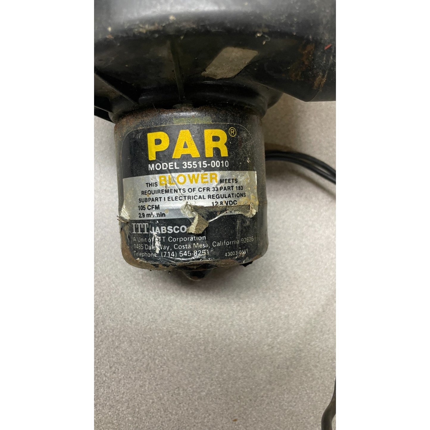 PAR 35515-0010 Blower Motor closeup of product label