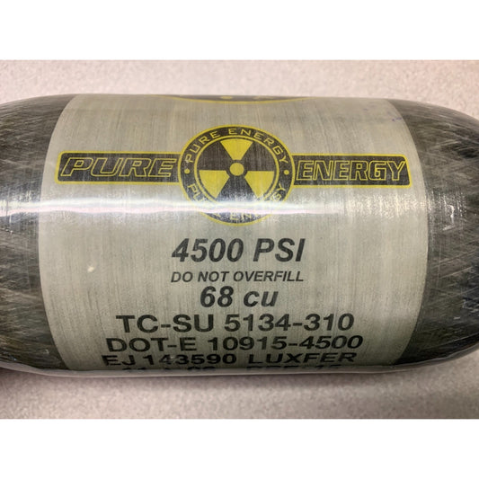 Cylindrical tank with 'Pure Energy' label and safety warning on a plain background