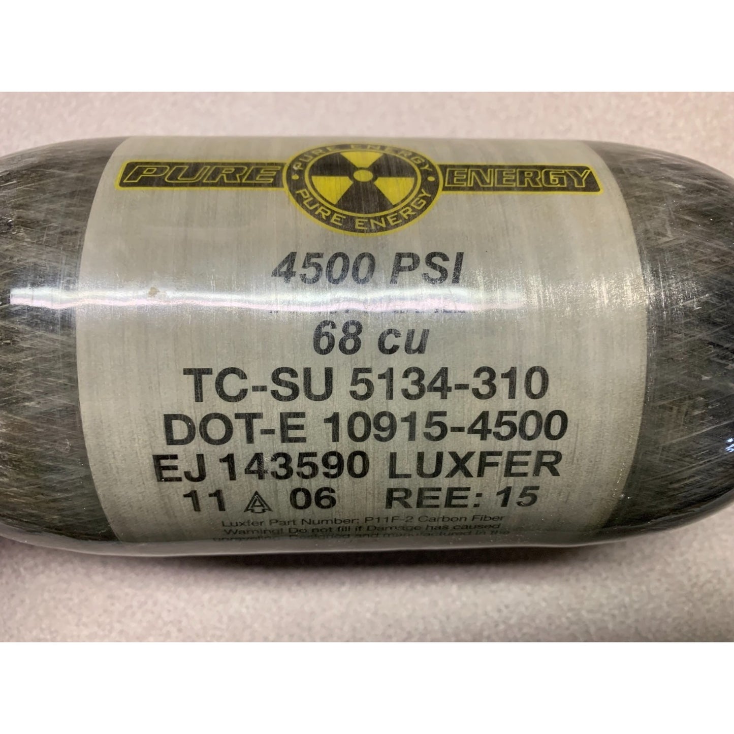 Pure Energy 4500 PSI 68 cu Luxfer P11F-2 Carbon Fiber Paintball Tank closeup of product label