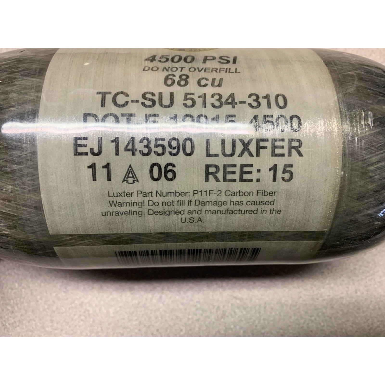 Pure Energy 4500 PSI 68 cu Luxfer P11F-2 Carbon Fiber Paintball Tank closeup of tank label