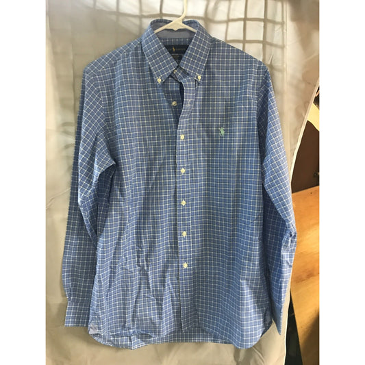 Ralph Lauren Cotton Blue Plaid Button Down Size Small front of shirt on hanger