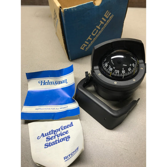 Ritchie Magnetic Marine/Boat Compass Model HB-71 with Bracket Mount front view with box and documention