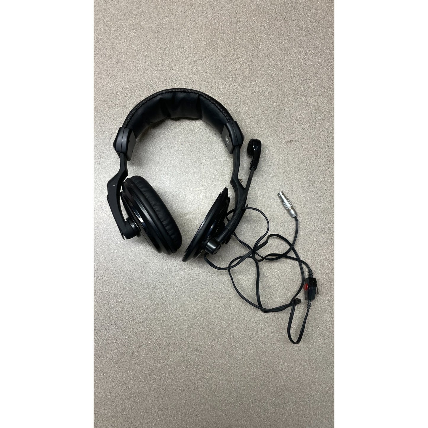 Ritron Headset with LEMO Connector and PTT (Push To Talk) top view with mic and LEMO cable. Missing ear pad on one side