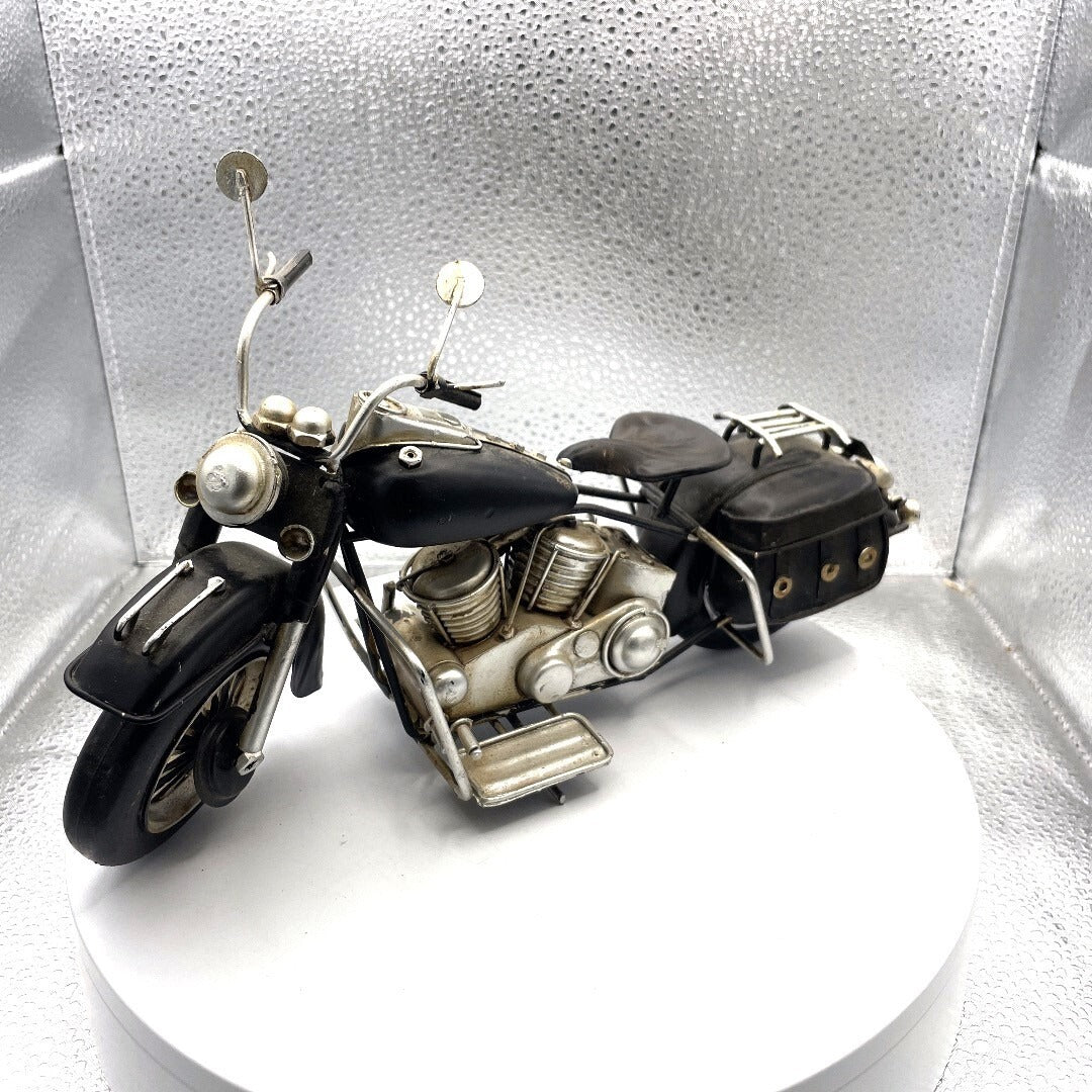 Antique Metal Harley Replica Motorcycle Art, 12 Inches Long driver's side view