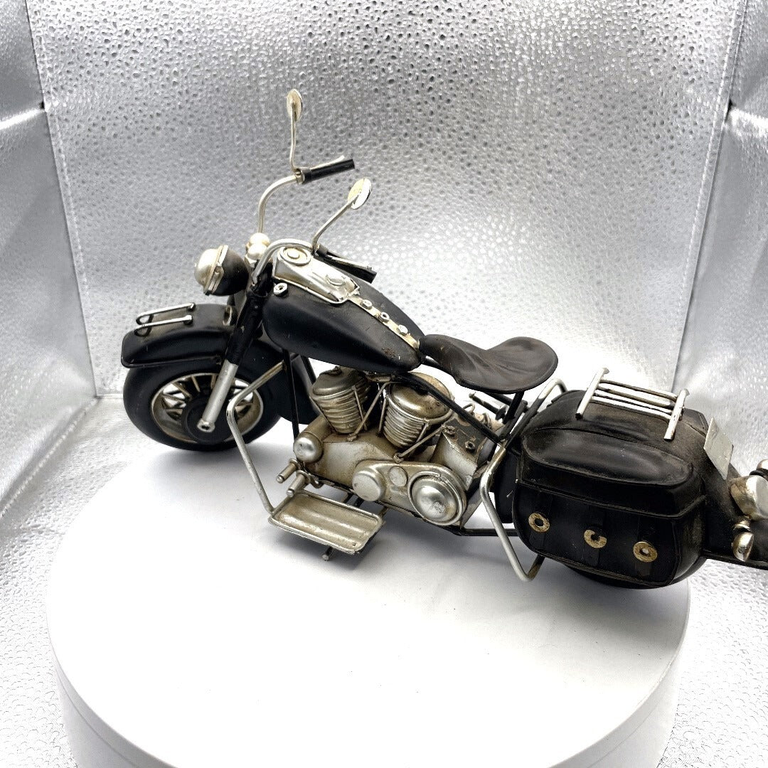 Antique Metal Harley Replica Motorcycle Art, 12 Inches Long driver's side/rear view
