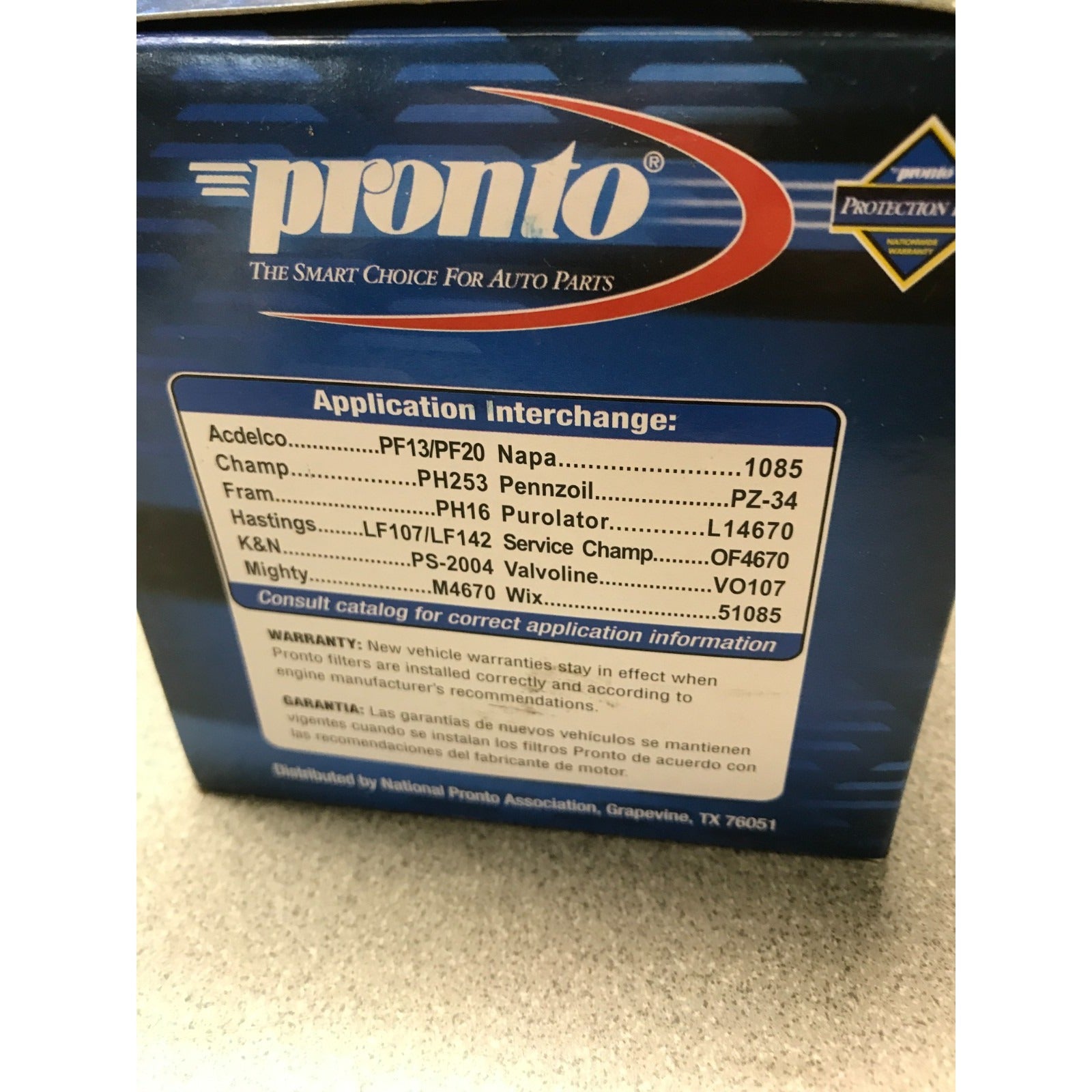 Pronto auto parts box with application interchange information on a white background