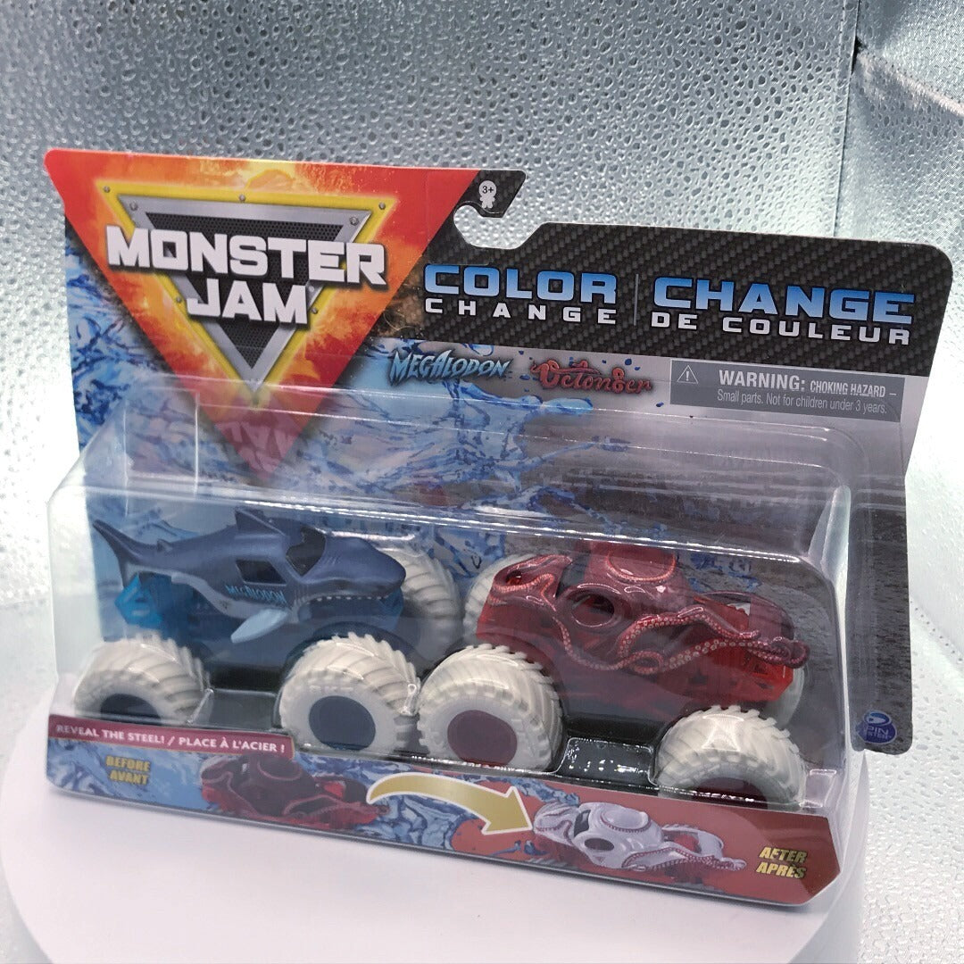 Monster Jam Color Change 2 Pack Megalodon and Octonder front of package