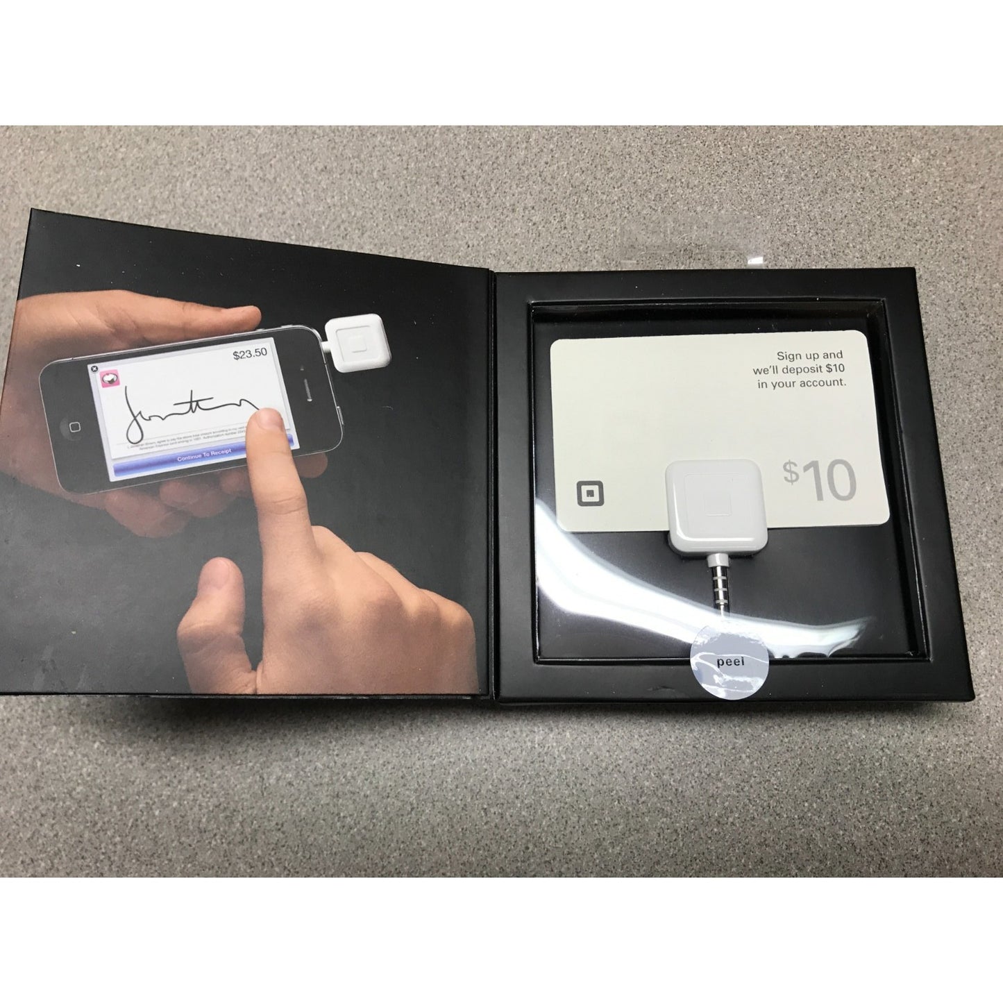 Square Card Reader Credit Card Device for Smartphone 3.5 Jack (1/8" AUX) inside of box image of reader in use