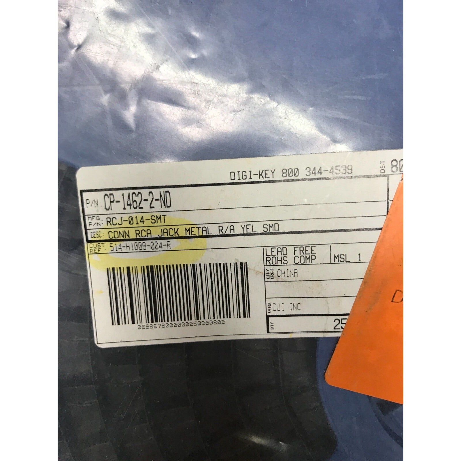 Digi-Key CP-1462-2-ND Conn RCA Jack Metal R/A Yell SMD product label