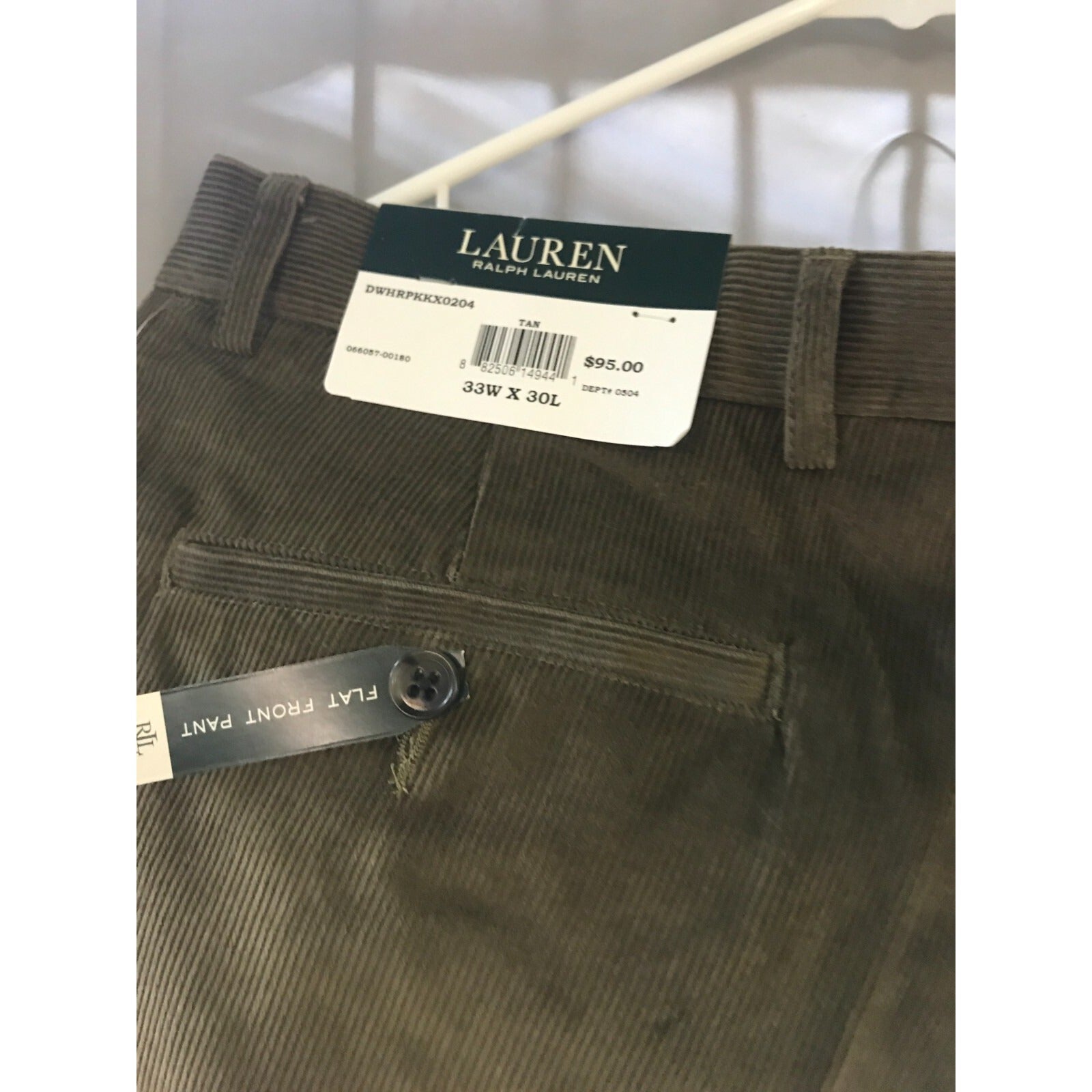 Ralph Lauren Flat Front Corduroy Pants 33x30 Men's Brown - New
 tag closeup