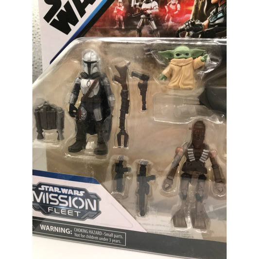 Star Wars Mission Fleet "Mandalorian Set" - The Mandalorian, The Child, Cara Dune, IG-11, Stormtrooper front of package displaying action figures